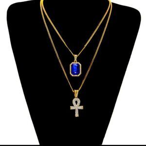 💝18k Gold 2 Necklaces Blue Sapphire Gemstone and Iced Out Gold Cross Pendant